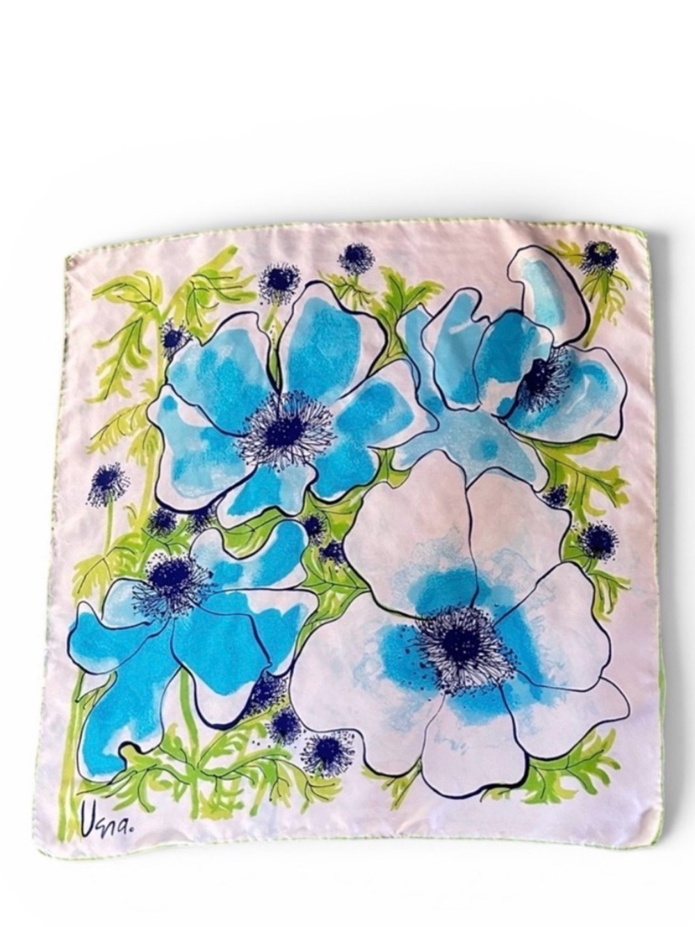 VERA NEUMANN Silk Vintage Scarf. Large, Bold, Blue Anemone Flower Print. Iconic.